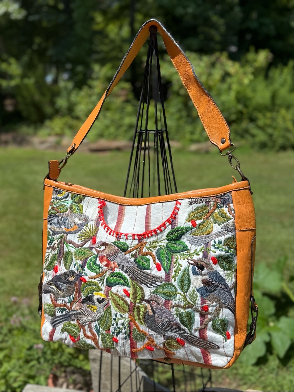 Embroidered Bird Shoulder Bag in Orange Leather Trim